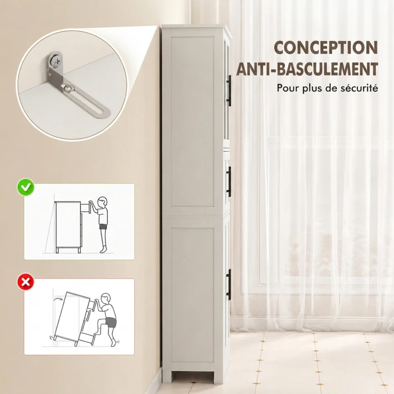 HOMCOM Meuble de salle de bain, meuble de rangement 6 niveaux, 6 portes dont 2 vitrées, étagères réglables, 60x30x170cm, blanc