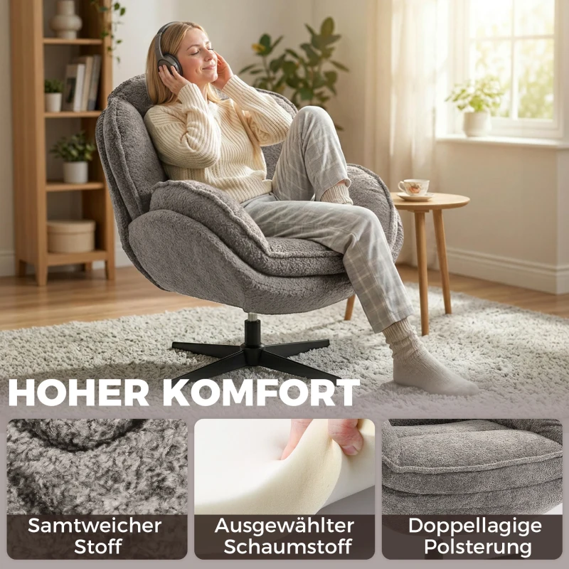 HOMCOM Moderner Wingback-Sessel, Samt-Armlehnsessel mit Vier-Sterne-Basis, S-Federn, 360° Drehfunktion, Grau
