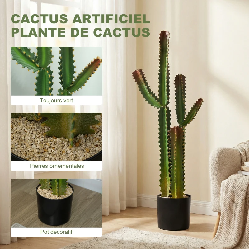 HOMCOM Plante artificielle intérieure 111 cm, arbre artificiel cactus en pot, pour maison, bureau, salon, chambre, vert