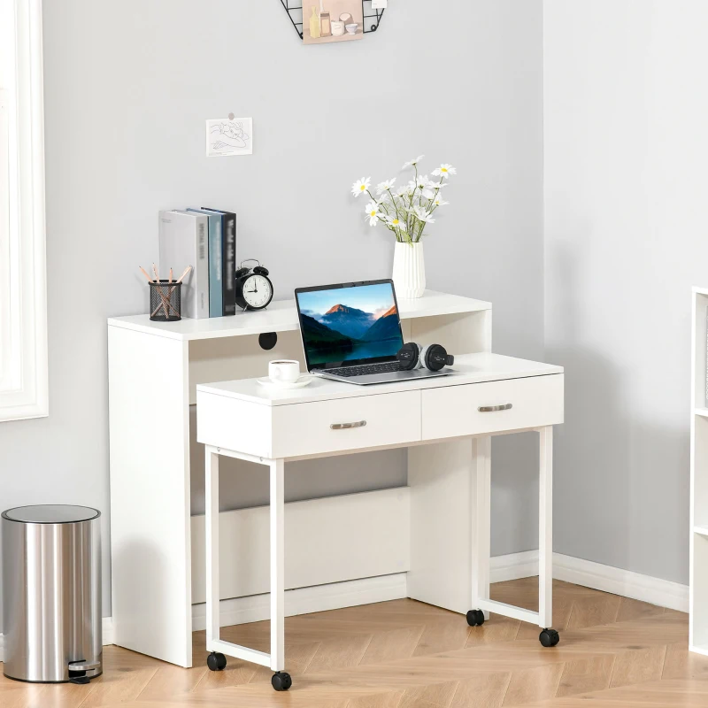 HOMCOM Tavolo Scrivania Salvaspazio per Camera e Ufficio, Scrivania con Cassetti e Ruote, Postazione di Lavoro Doppia o Singola, 100x36x88cm, Bianco