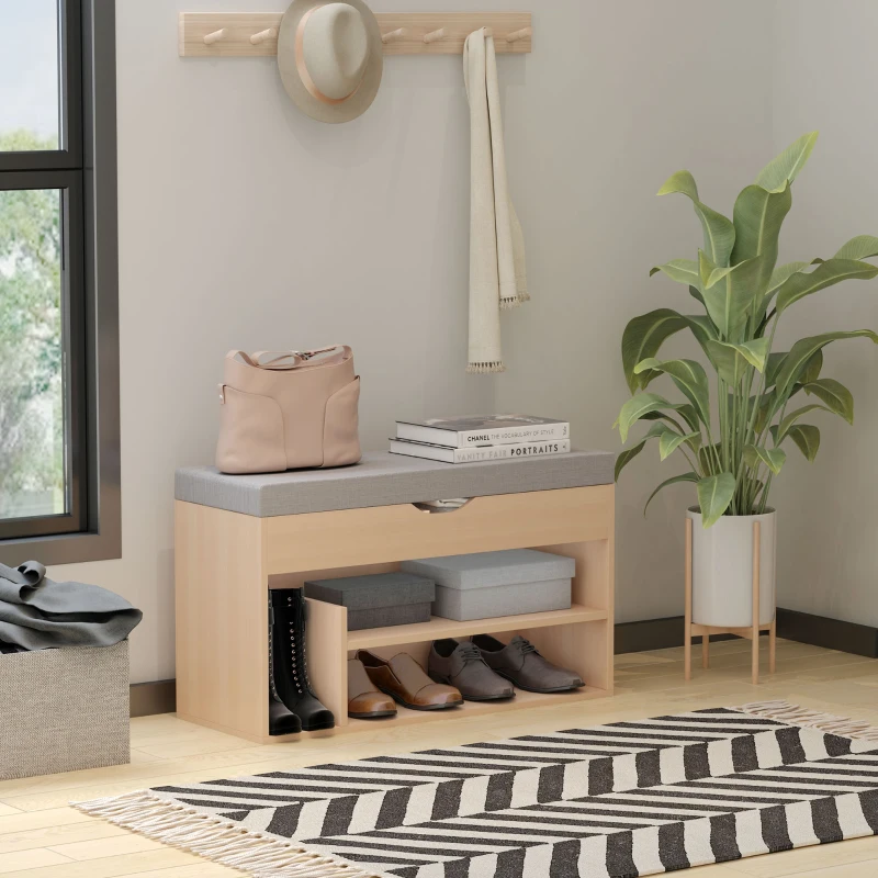 HOMCOM Móvel para Sapatos Banco para Sapatos 2 Níveis Armazenamento, Nicho + Baú Integrado com Almofada Bege Cinza