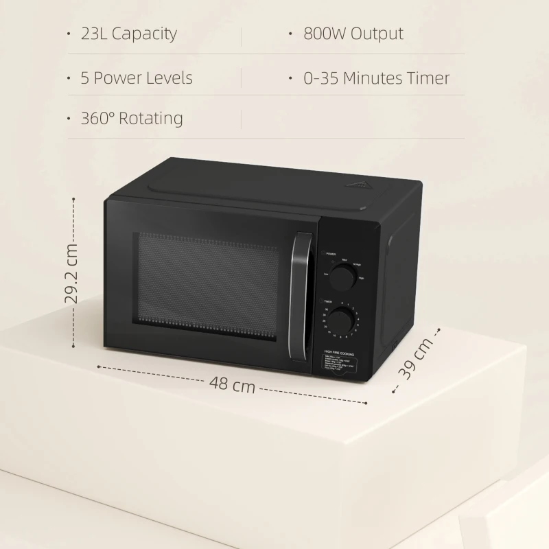 HOMCOM 23L 800W Microwave Oven, Solo Manual Microwave with 5 Power Levels, Defrost, 35 Minutes Timer, Clock, Easy Clean, Small Black Microwave