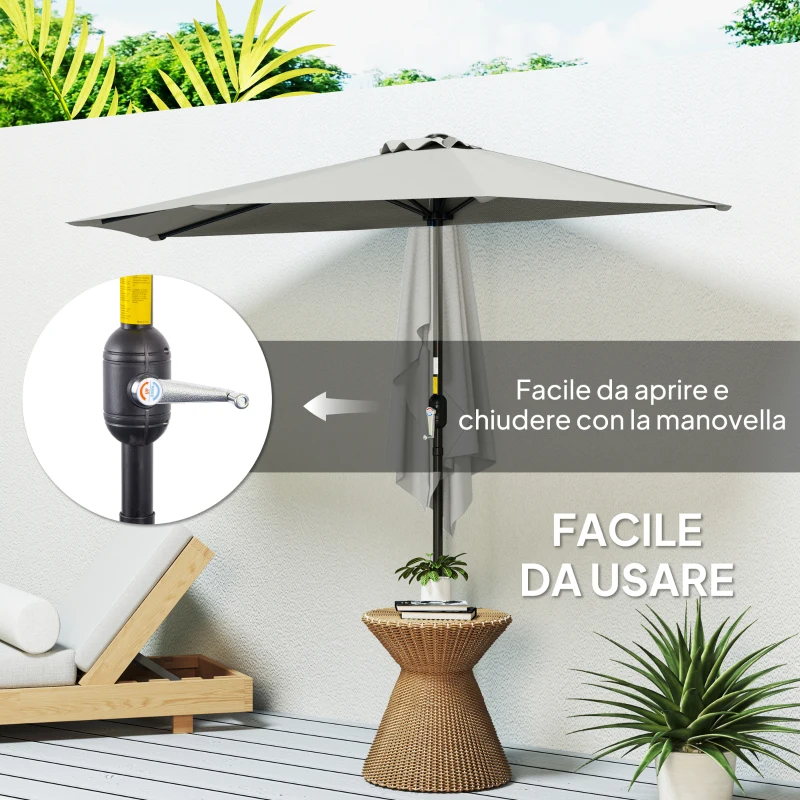 Outsunny Ombrellone da Parete Mezzaluna Salvaspazio con Apertura a Manovella, 2.7x2.4 m, Grigio Chiaro