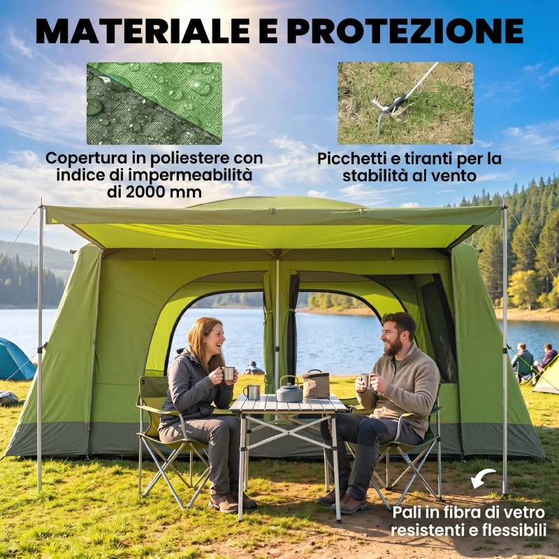 Outsunny Tenda da Campeggio a Tunnel per 4 Persone con 2 Stanze, Tenda Campeggio Familiare Impermeabile 3000mm con Porta, Finestre Laterali e Tasche, 405x305x225cm, Verde