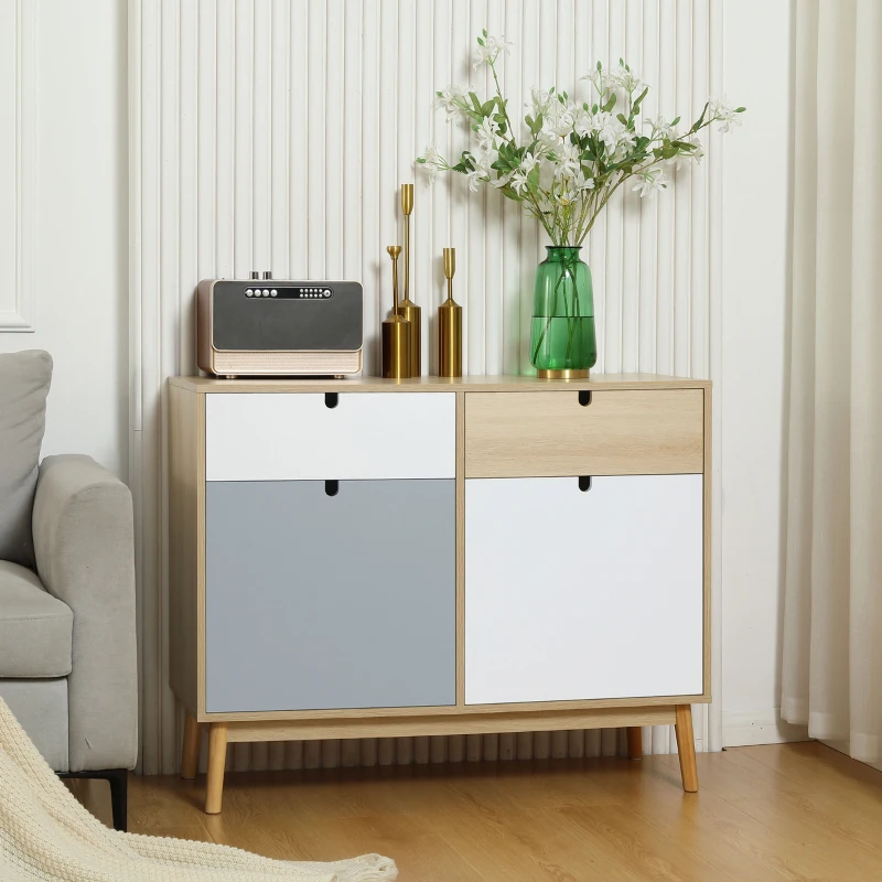 HOMCOM Mobiletto Multiuso Stile Nordico, Armadietto Due Ante con Cassetti per Cucina e Ingresso, 100x40x79.5cm, Multicolore