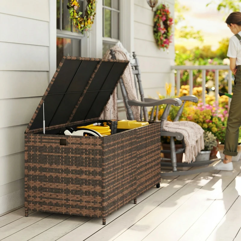 Outsunny 650L Garden Storage Box with 2 Wheels, Rattan Deck Box with Waterproof Zipped Liner, Safe Pneumatic Rods, Mixed Brown