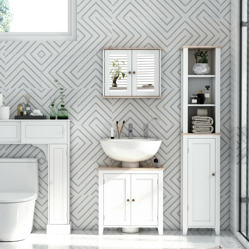 kleankin Bathroom Furniture Set, Mirror Cabinet Wall Mounted with Adjustable Shelf, Bathroom Sink Cabinet with Storage, White and Wood Grain