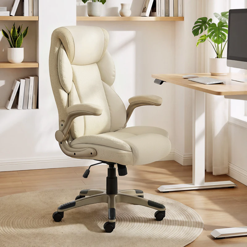 HOMCOM Silla de Oficina con Masaje Vibratorio de 4 Puntos Calor Lumbar Brazos Abatibles Respaldo Alto Altura Ajustable Crema