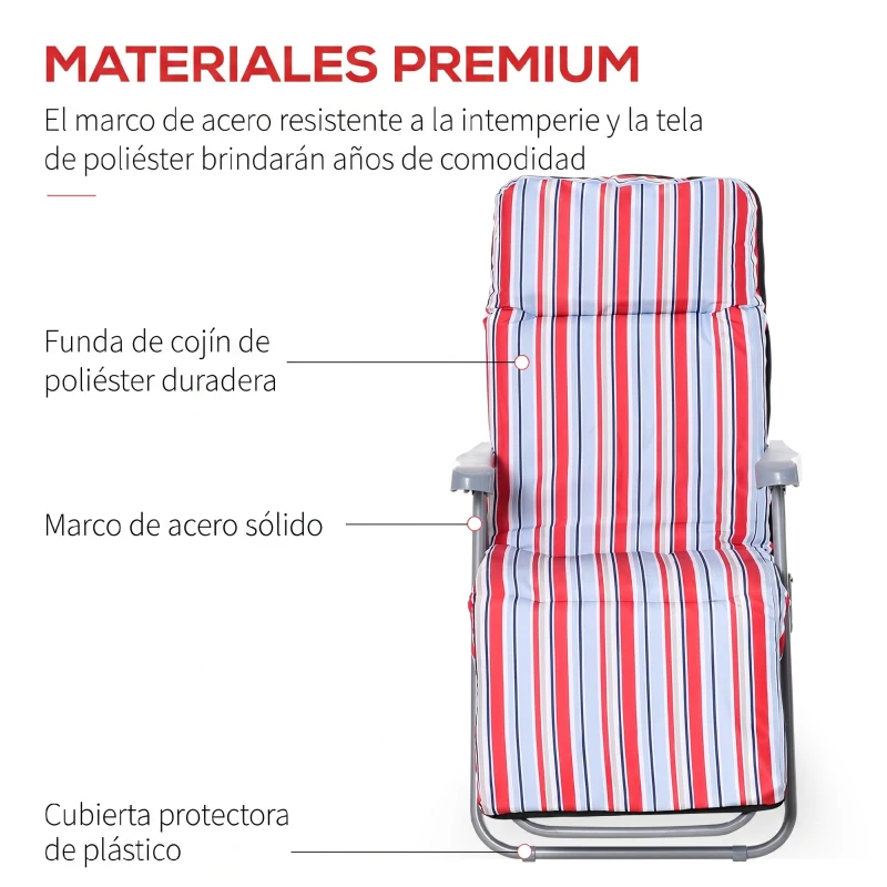 Outsunny 2 Tumbonas de Jardín de Acero con Cojín Acolchado Respaldo Ajustable y Reposapiés 60x75x65-102 cm Rayas Rojo