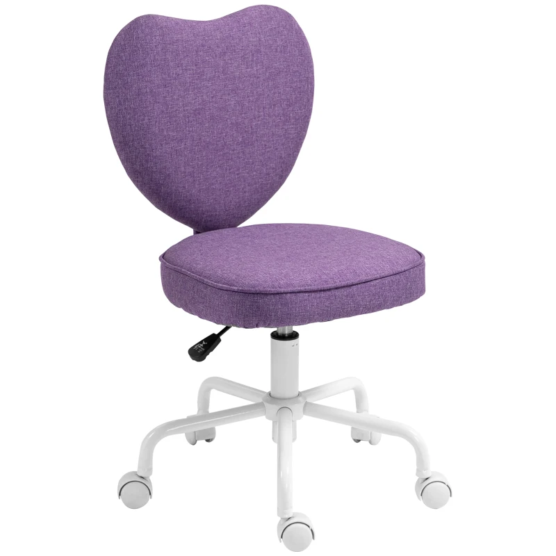 HOMCOM Scaun de Birou cu Spătar în Formă de Inimă, 5 Roți și Înălțime Reglabilă, din Material Textil, 40x50x79-89 cm, Mov(m-10)