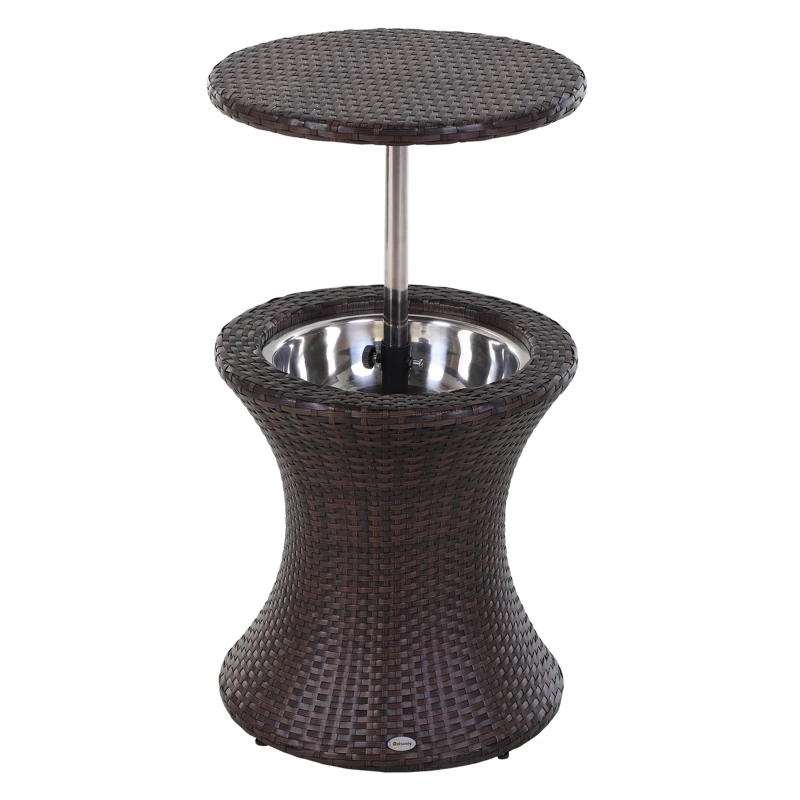 Outsunny PE Rattan Ice Bucket Table, Height Adjustable Liftable Outdoor Drinks Cooler, 52 cm Round Garden Beer Cocktail Table with Lid for Bar, Patio, Terrace, Brown