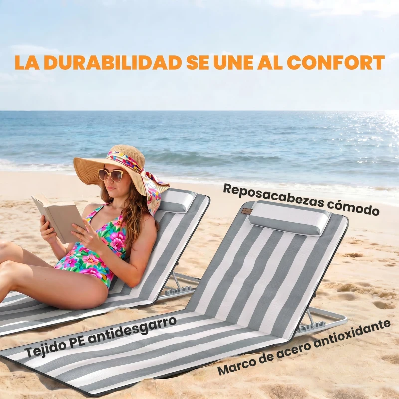 Outsunny Conjunto de 2 Esterillas con Respaldo Reclinable Reposacabezas y Bolsa de Transporte 134x48x33-43 cm Blanco y Gris