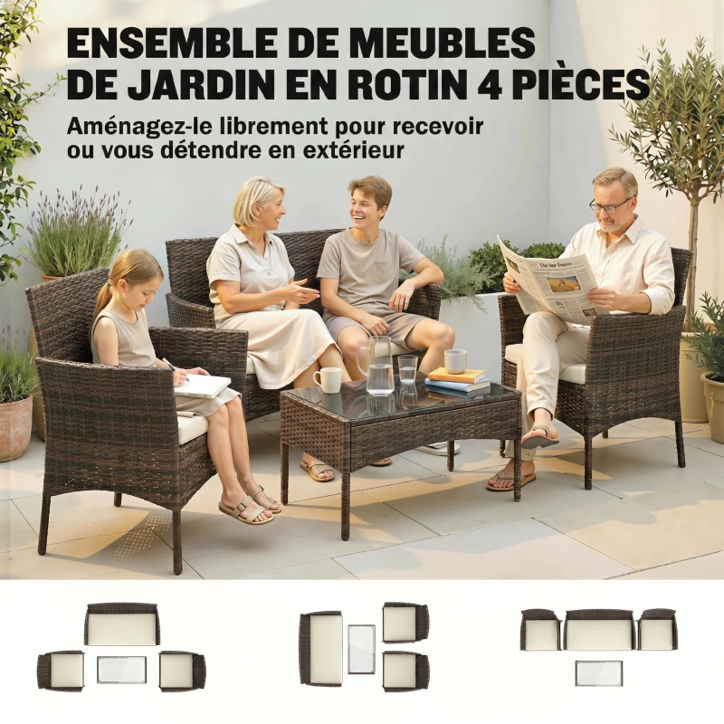 Outsunny Salon de jardin extérieur 4 personnes en résine tressée avec canapés et table basse en verre trempé coussins inclus beige