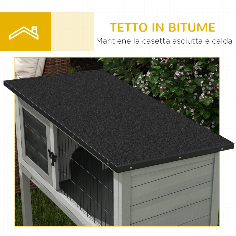 PawHut Conigliera Rialzata in Legno da Esterni con Tetto Apribile e Vassoio Estraibile, 84x43x70cm, Grigio