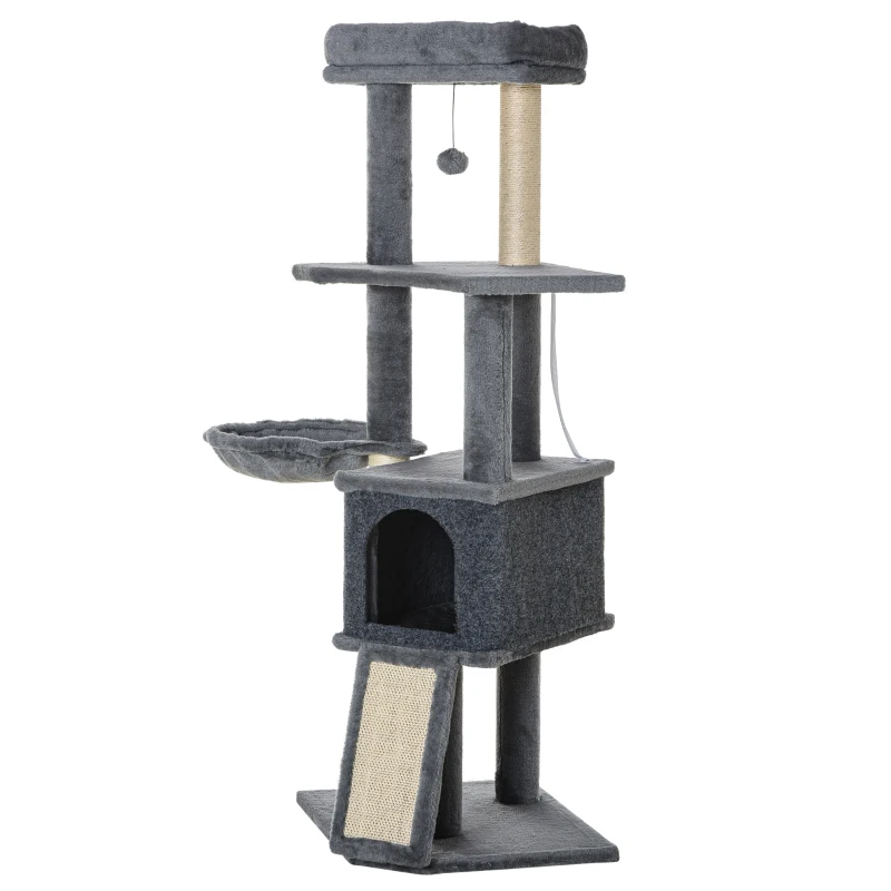 PawHut Árbol Rascador para Gatos Árbol para Gatos 127 cm con Cueva Hamaca Cama Plataformas Rampa de Sisal Bola Colgante Gris