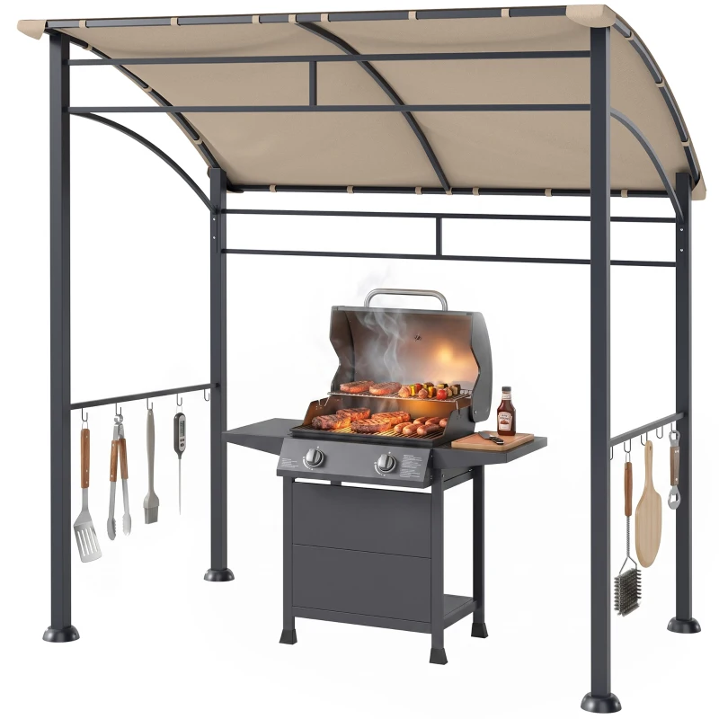 Outsunny 2.2 x 1.5 m BBQ Grill Gazebo Tent, Garden Grill with Metal Frame, Curved Canopy and 10 Hooks, Outdoor Sun Shade, Khaki