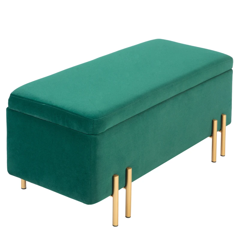HOMCOM Banco com Baú Banco Estofado com Armazenamento Metal Madeira de Seringueira Espuma 100x40x42 cm Verde