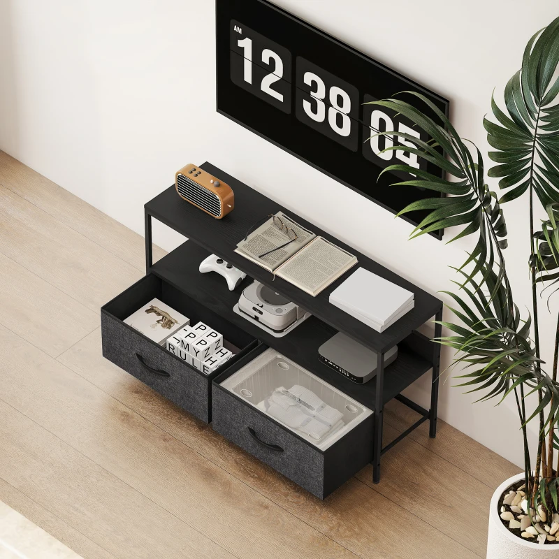 HOMCOM TV Schrank Lowboard mit 2 Schubladen, offenem Fach, für Fernseher bis 47 Zoll, 98 x 29 x 56 cm, Schwarz+Dunkelgrau