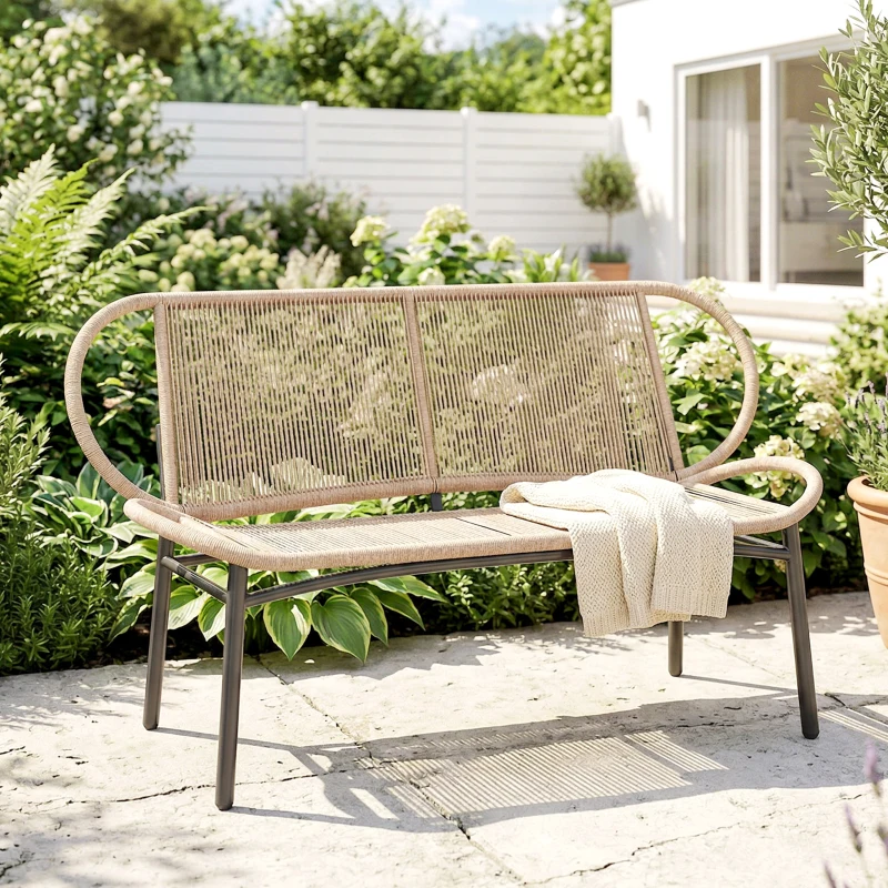 Outsunny Banc de jardin 2 places, banc d'extérieur en résine tressée avec cadre en métal, résistant aux intempéries, naturel