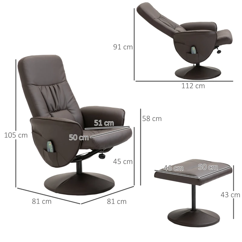 HOMCOM Poltrona Relax com Apoio Poltrona de TV Giratória com 10 Pontos de Massagem Função Reclinável Poltrona de Massagem com Controlo Remoto Bolso Lateral Poltrona de TV Couro Sintético Castanho