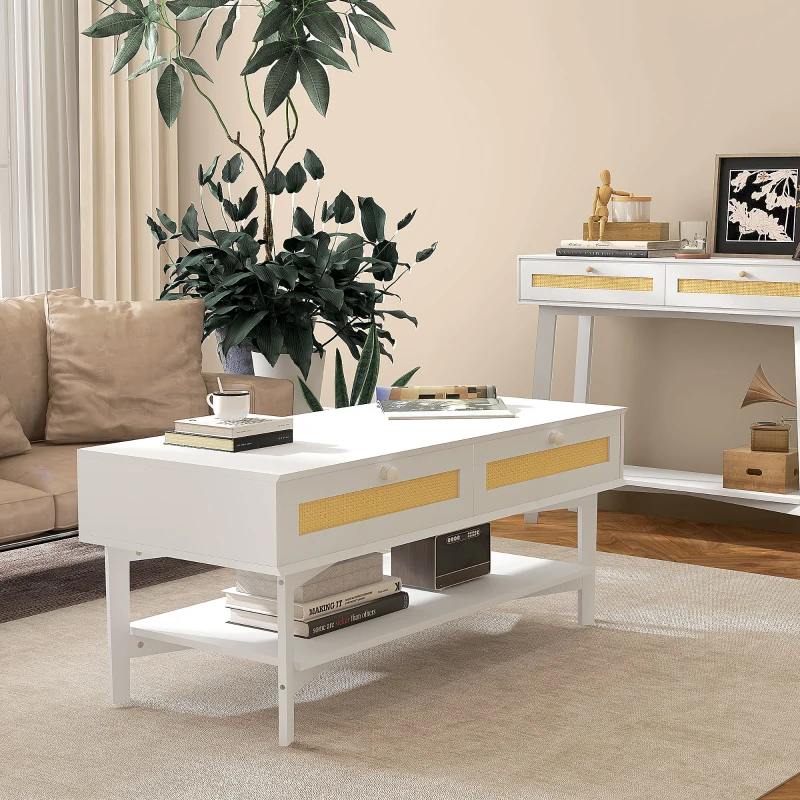 HOMCOM Tavolino da Caffè Boho con 2 Cassetti e Ripiano, in Rattan e Truciolato, 120x50x50 cm, Bianco e color Legno