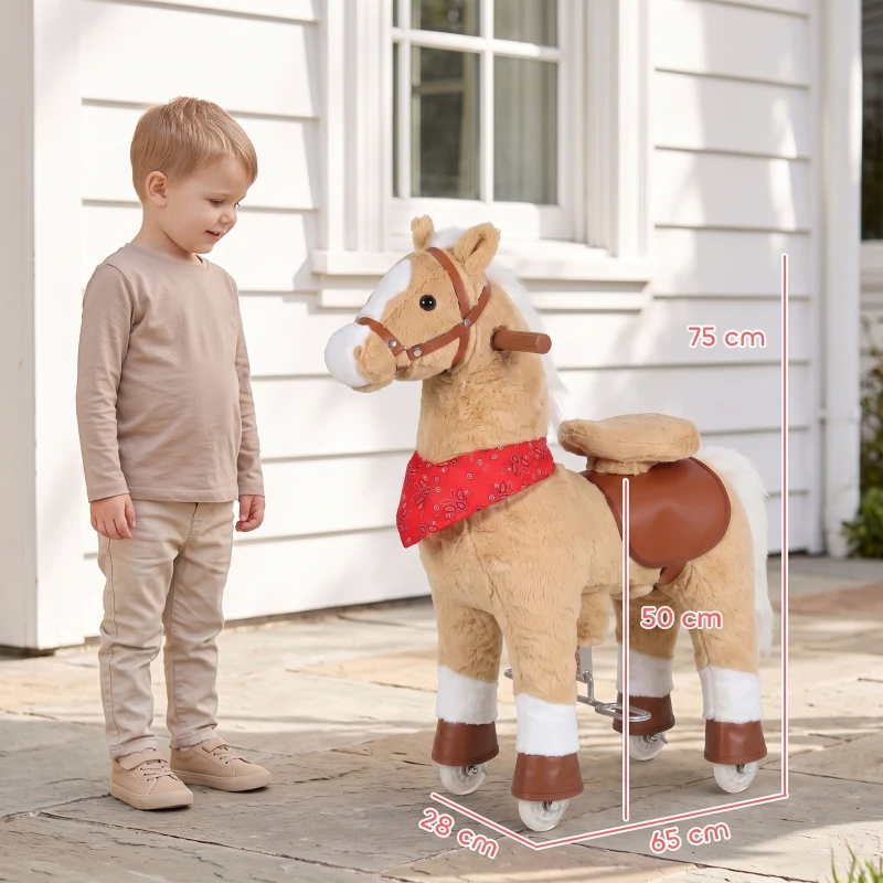 AIYAPLAY Caballo balancín de peluche con cabeza giratoria, ruedas rodantes y sonidos de relincho, desde 2 años, marrón claro
