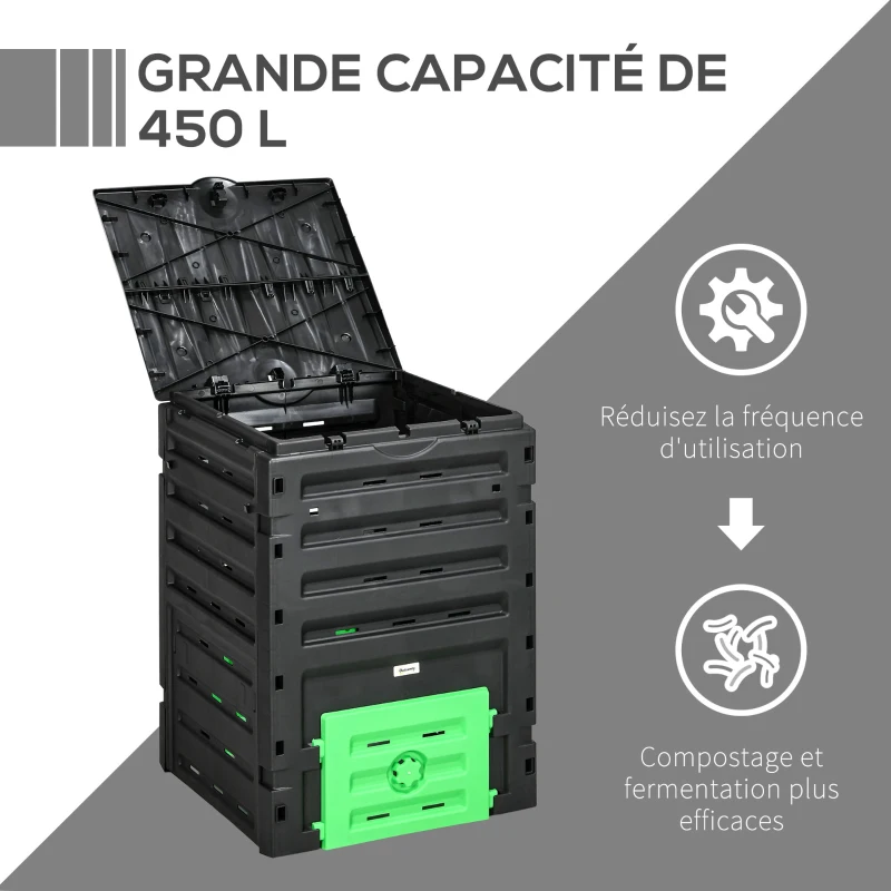 Outsunny Composteur de jardin 450 L, bac composteur pour jardin, 80 aérations et 2 portes coulissantes, 69 x 71 x 103 cm, noir