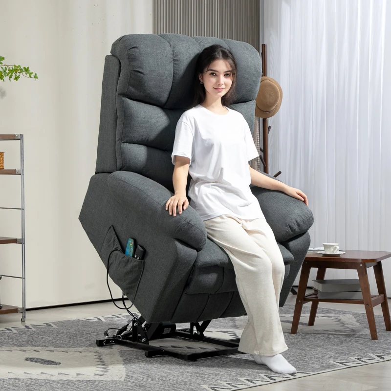 HOMCOM Poltrona elevatória, poltrona reclinável elétrica com função de massagem, poltrona estofada com função de elevação, metal, tecido, cinza