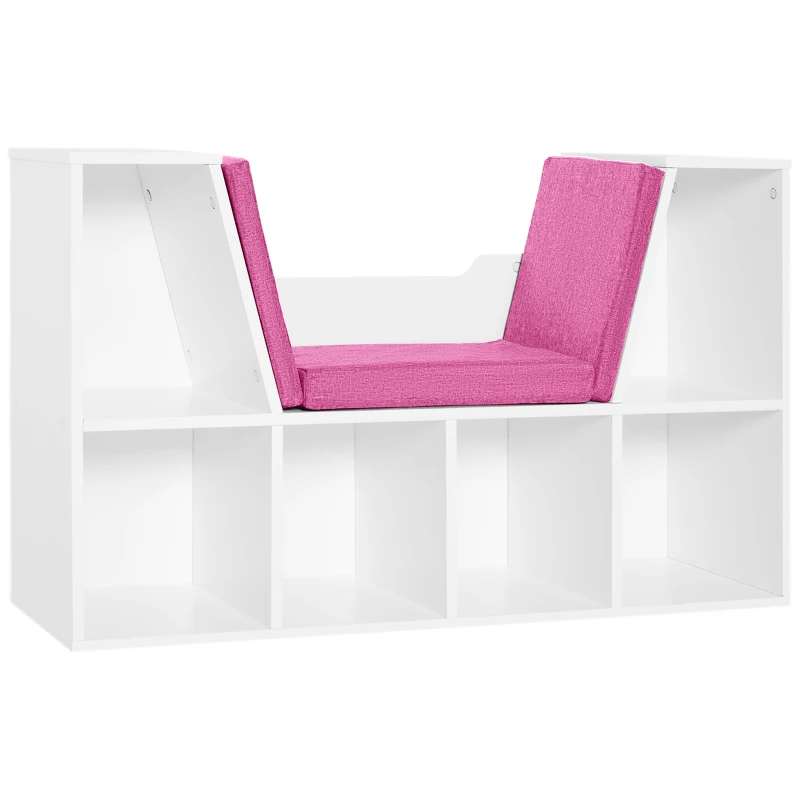HOMCOM Librería con Asiento Estantería de Libros con 6 Cubos Cojín para Sala de Estar Dormitorio 102x30x61cm Blanco y Rosa