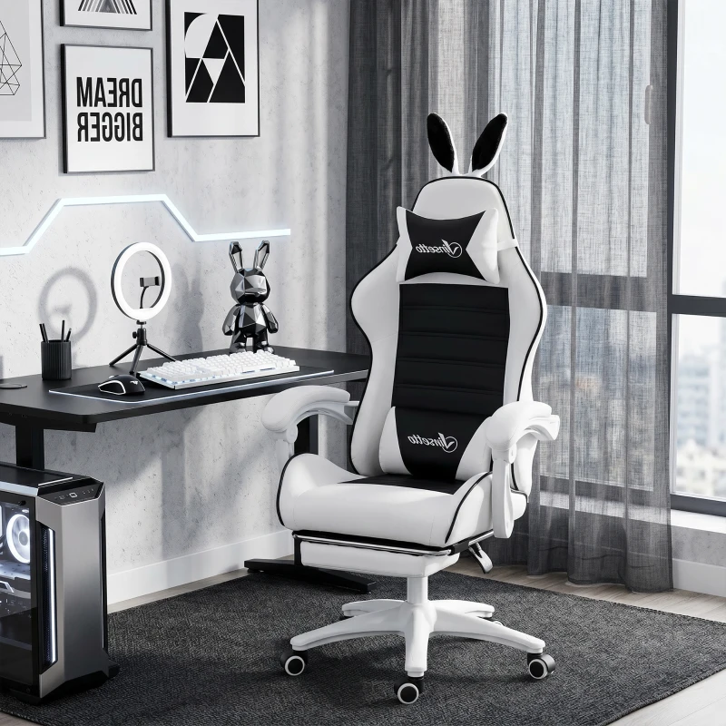 Vinsetto Chaise de gaming avec support lombaire, hauteur réglable, dossier inclinable, oreilles de lapin et appui-tête, noir