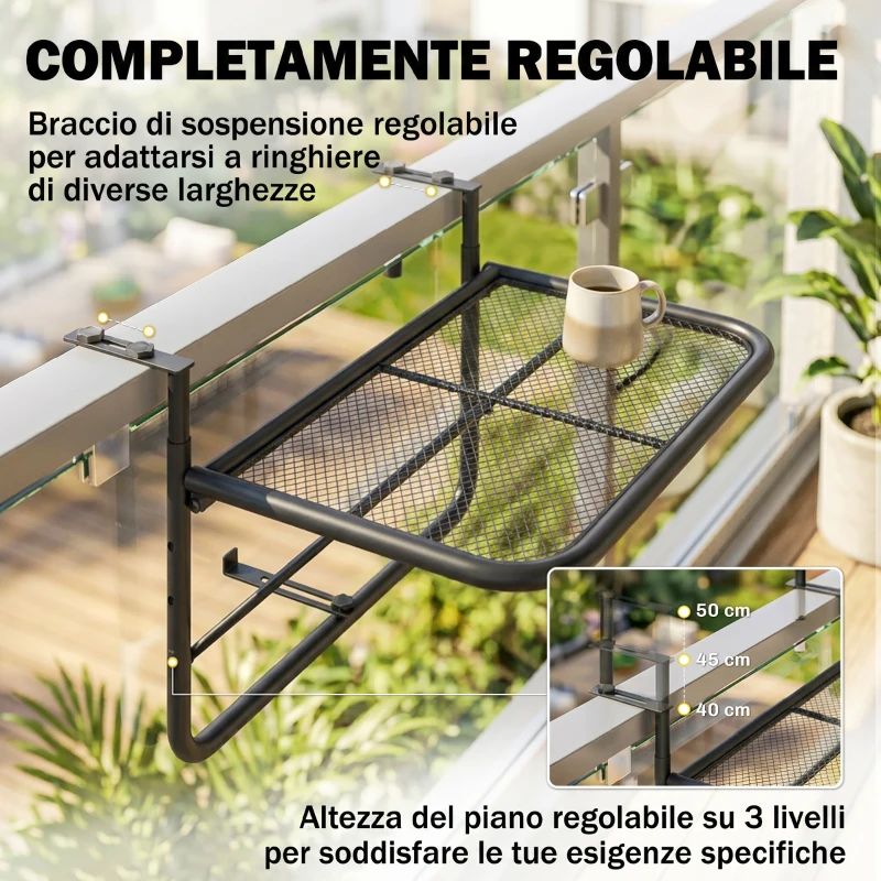 Outsunny Tavolo da Ringhiera con Ganci ad Altezza Regolabile su 3 Livelli, in Metallo, 60x56x50cm, Nero