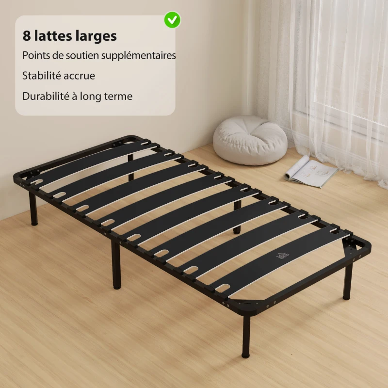HOMCOM Cadre de lit 90 x 190 cm, lit simple avec sommier à lattes en bois massif et pied, avec rangement au-dessous, noir