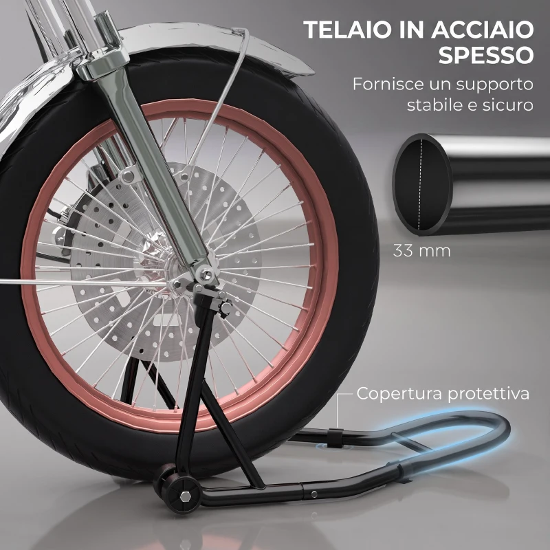 HOMCOM Cavalletto Anteriore per Moto con Tappetino Antiscivolo, Adattatori Regolabili per Perni e Perno a Forchetta, Capacità 200 kg, per Pneumatici da 18", 17" e 10"