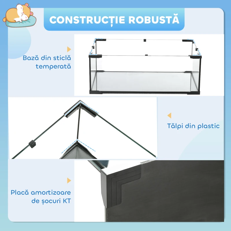 PawHut Cușcă pentru Hamsteri cu 3 Niveluri cu Bază din Sticlă Temperată, Roată și Accesorii, 76,5x48,5x54,5 cm, Negru