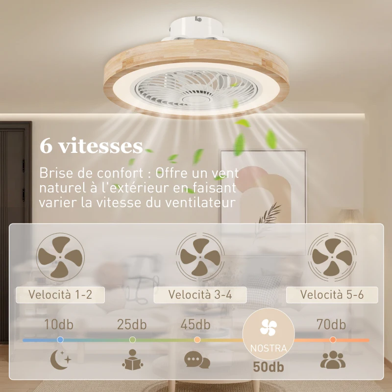 HOMCOM Ventilateur de plafond réversible avec lumière et télécommande 6 vitesses, minuterie, luminosité réglable, bois naturel