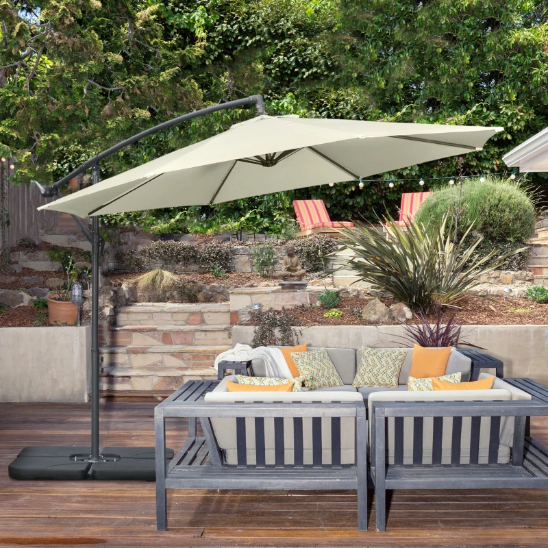 Outsunny 3(m) Garden Banana Parasol Cantilever Umbrella with Crank Handle, Cross Base, Weights and Cover for Outdoor, Hanging Sun Shade, Beige