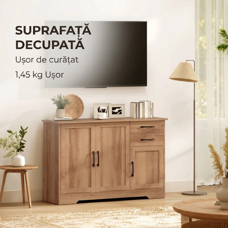HOMCOM Dulap de Bucătărie cu 2 Sertare și 3 Dulapuri, Rafturi Ajustabile, 120x38x79 cm, Stejar