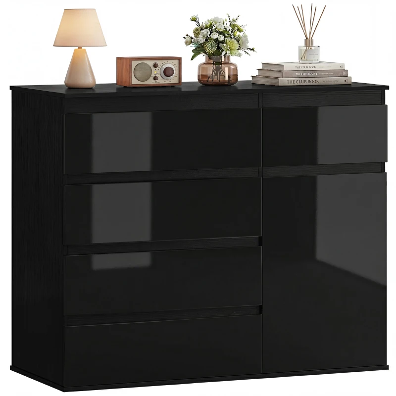 HOMCOM Modernes Sideboard, Stauraum-Sideboard mit 5 Schubladen, verstellbarem Regal, Soft-Close-Tür, Schwarz Hochglanz