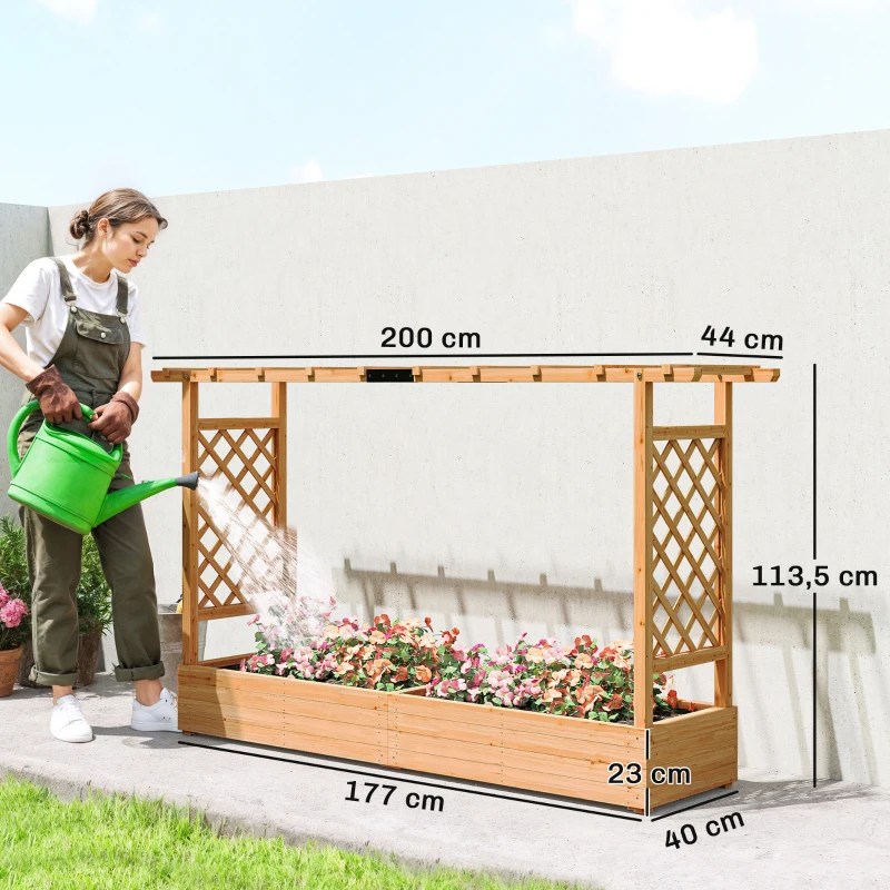Outsunny Jardinière surélevée avec treillis latéral et supérieur, bac à fleurs trous de drainage, 200x44x113,5cm, bois naturel
