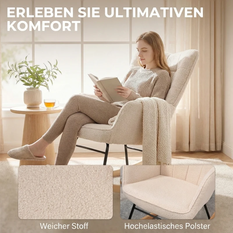 HOMCOM Schaukelstuhl im Retro-Design, Massivholz, Sessel, Relaxsessel, 98 cm x  71 cm x 101 cm, Beige(m-6)