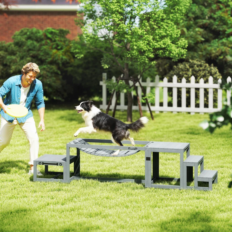 PawHut Hunde Agility Set 3-teiliges Set Agility-Ausrüstung mit Brücke, Treppe, Plattform, Tannenholz, 117 x 50 x 56 cm, Grau
