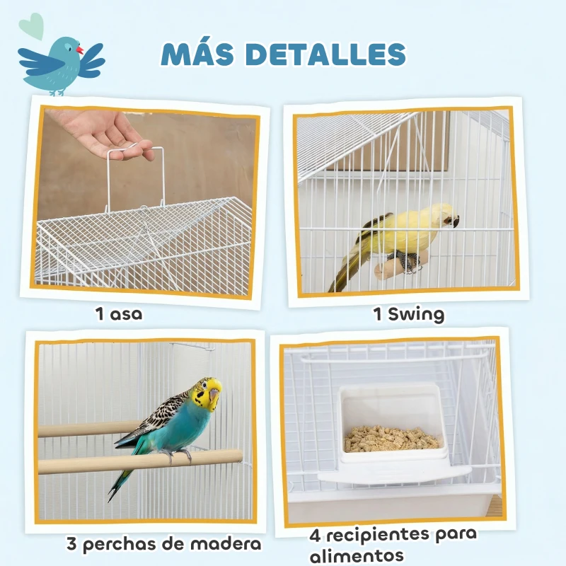 PawHut Jaula para Pájaros de Acero con Comederos Perchas Columpio y Bandeja Extraíble 50,5x41x104 cm Blanco