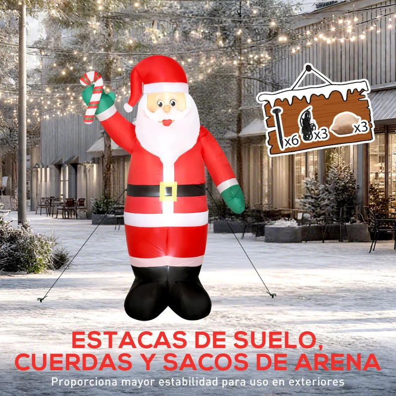 Outsunny Papá Noel Hinchable 240 cm con Bastón Luces LED e Inflador Decoración Navideña para Exterior Interior Multicolor