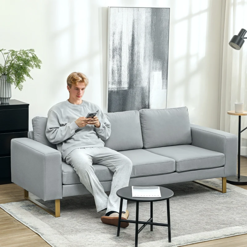 HOMCOM 3-Sitzer-Sofa, Couch mit Vollholzrahmen, Metallbeine, schlichtes Design, Hellgrau(m-2)