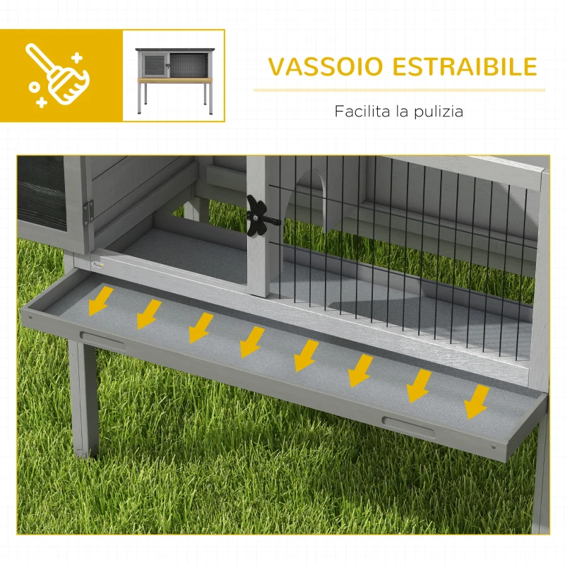 PawHut Conigliera Rialzata in Legno da Esterni con Tetto Apribile e Vassoio Estraibile, 84x43x70cm, Grigio