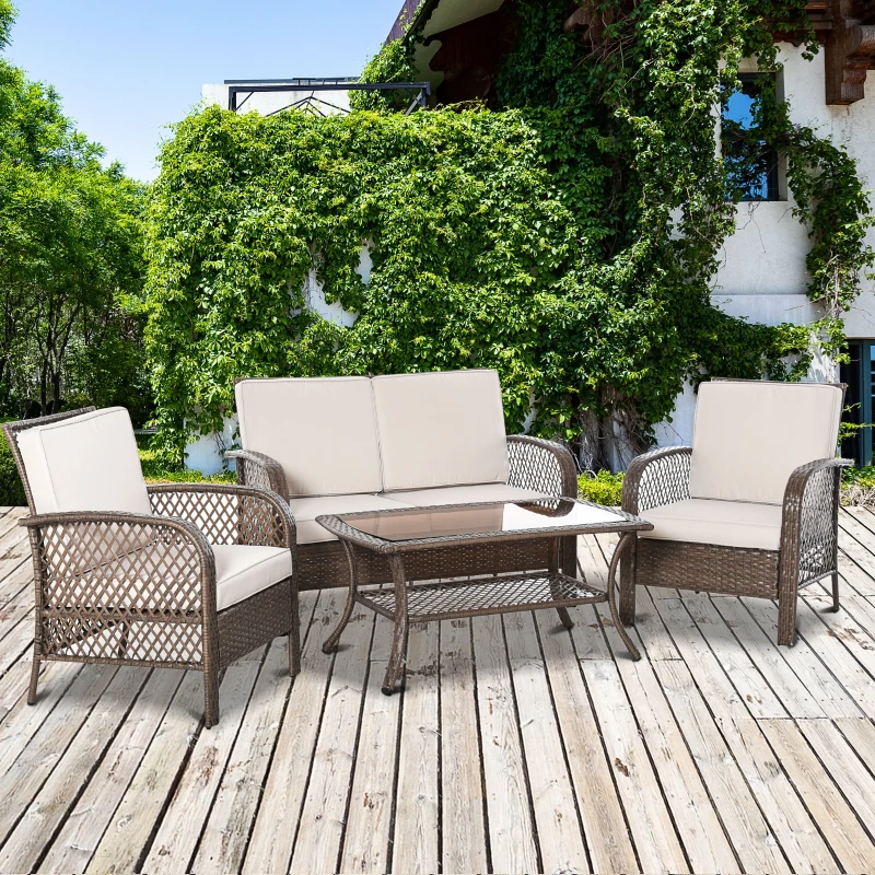 Outsunny Conjunto de 4 Muebles de Jardín de Ratán PE Sillón Sofá Doble y Mesa de Café con Cojines Lavable para Exterior Terraza Patio Marrón y Caqui