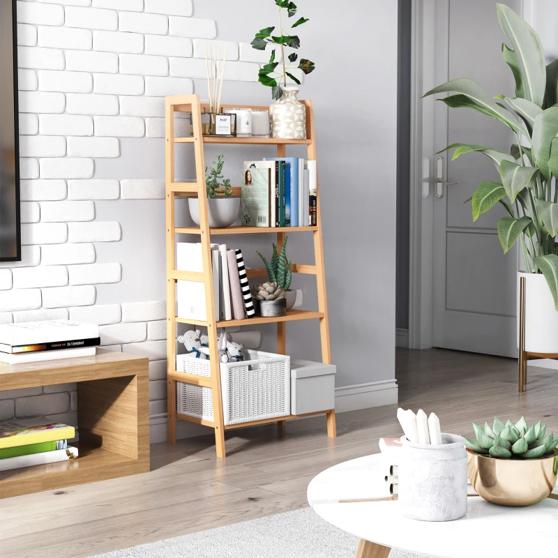 HOMCOM Bücherregal, 4 Ebenen, Leiterdesign, Bambusholz, Natur
