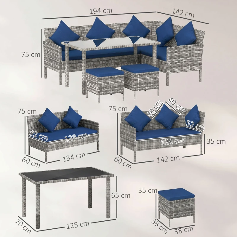 Outsunny 5 Pieces Rattan Garden Furniture Set with Dining Table, Cushions - Dark Blue