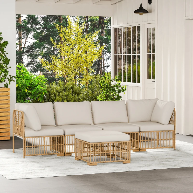 Outsunny 5-teiliges Gartenmöbelset, 2 Eckstühle, 2 Mittelstühle, Fußhocker, Sitzkissen, Rückenkissen, Hellbraun+Cremeweiß