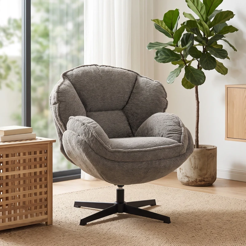 HOMCOM Moderner Wingback-Sessel, Samt-Armlehnsessel mit Vier-Sterne-Basis, S-Federn, 360° Drehfunktion, Grau